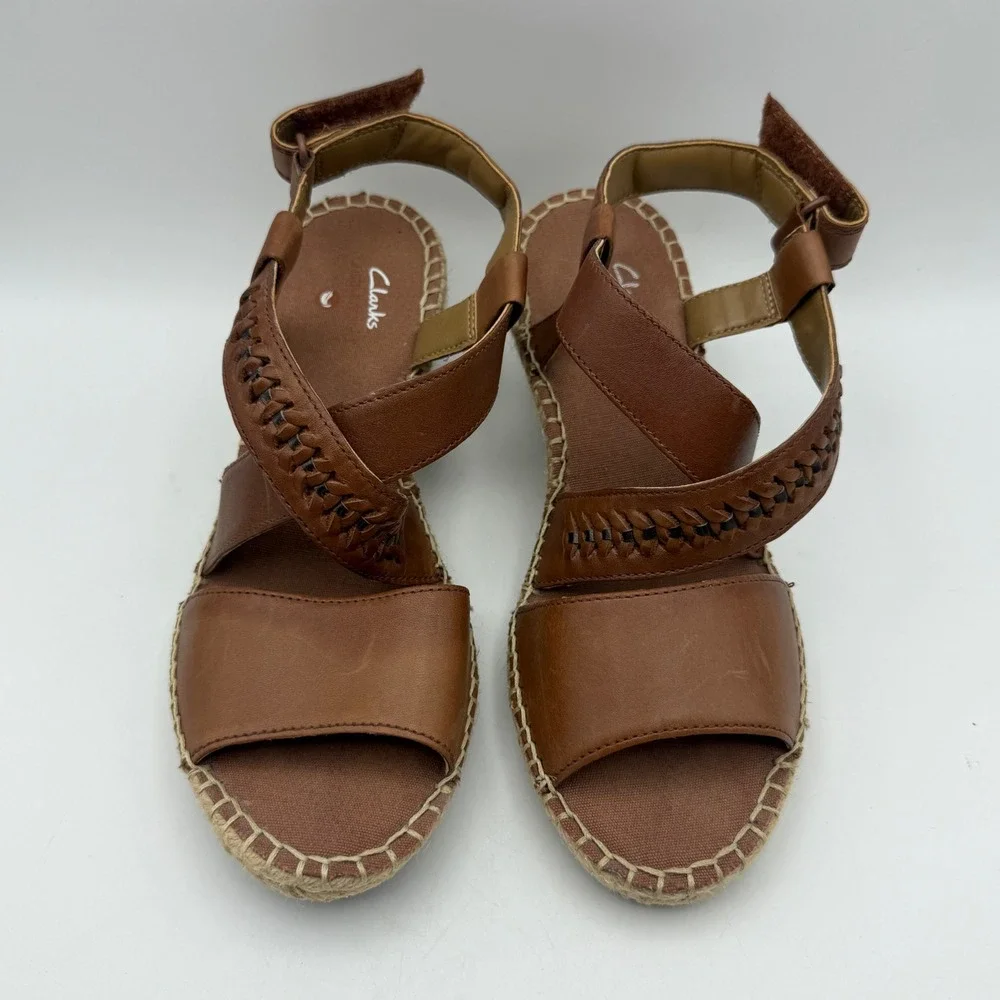 Clarks Unstructured Wedge Sandals Womens 6 Brown Leather Espadrille‎ Whipstitch